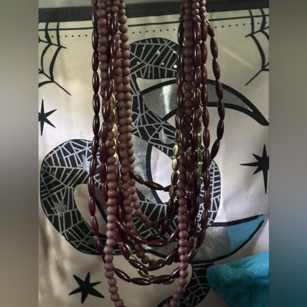 Elegant Multi-Strand Burgandy And Gold Beaded Necklace